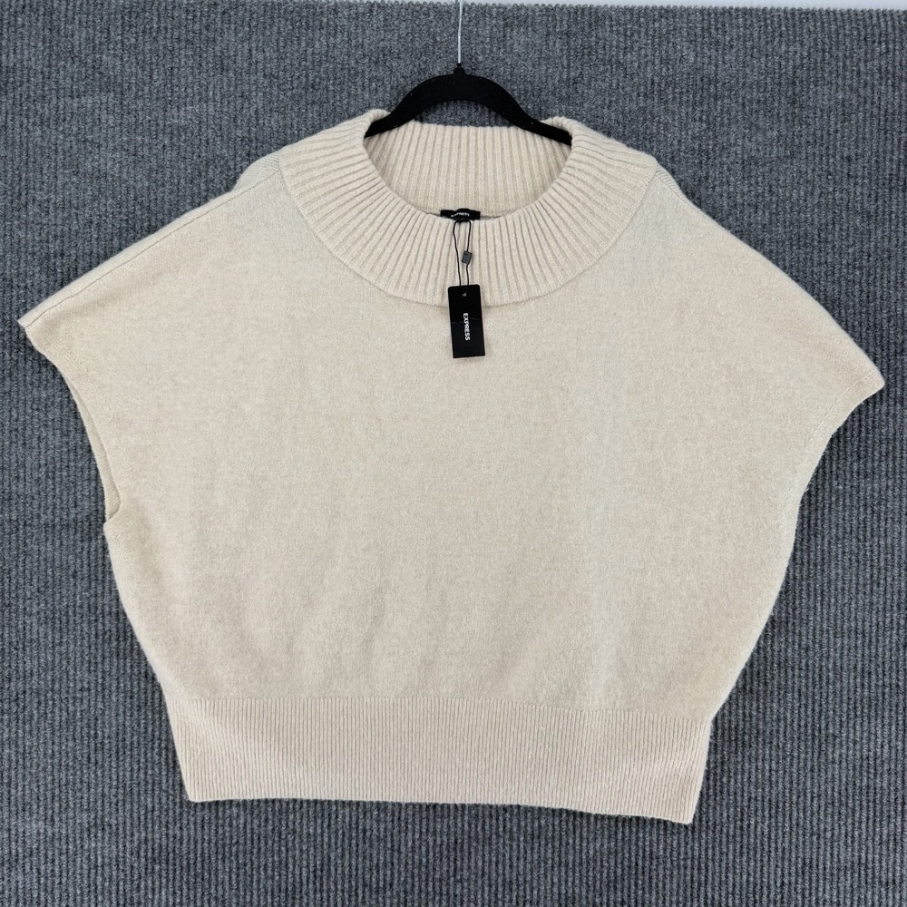 Express ivory knit sweater cap sleeve wide ribbed mock collar womens XL NWT